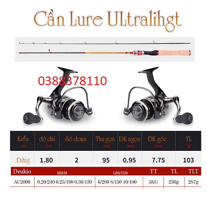 Bộ Cần Câu Lure Siêu Dẻo Ultralight Cần UL 1.8m, Máy Deukio Kim Loại, Sét Phụ Kiện Lure - BC 4