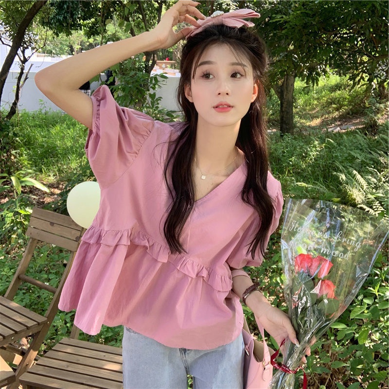 Áo Kiểu Tay Phồng Cổ Chữ V Dáng Rộng Thiết Kế Ngọt Ngào Thời Trang Mùa Hè Mới Cho Nữ