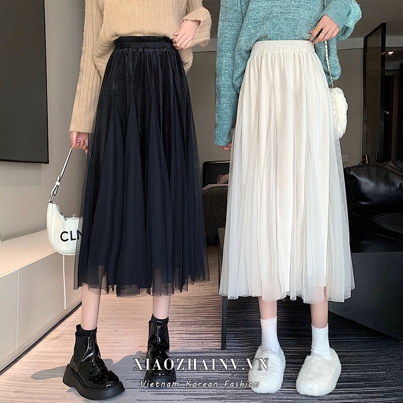 Xiaozhainv Chân váy midi chữ A lưng cao màu trơn phối lưới thời trang mùa thu