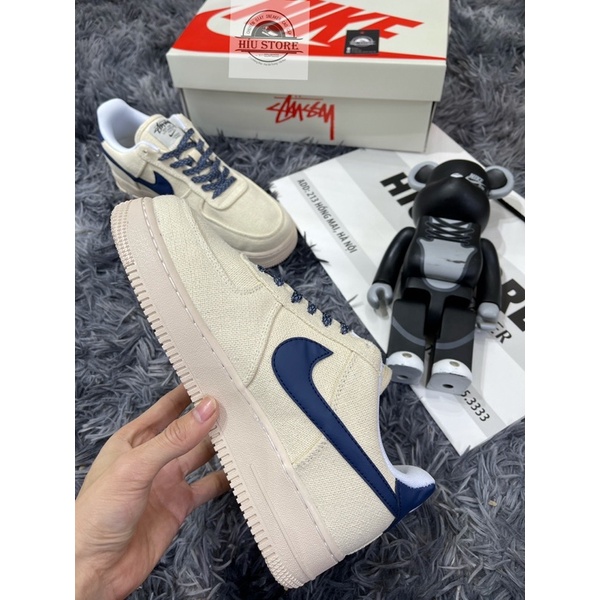 (Híu)Giầy Thể Thao Air Force 1 07 Beige Deep Blue 2021|Vải Gai Cavas|Phiên Bản Best Đế Khâu Lót Bông