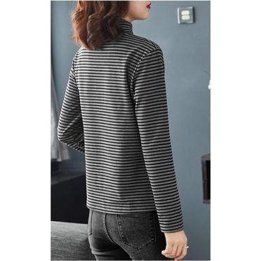 Áo thun tay dài cổ lọ họa tiết kẻ sọc thời trang cho phụ nữ trung niên