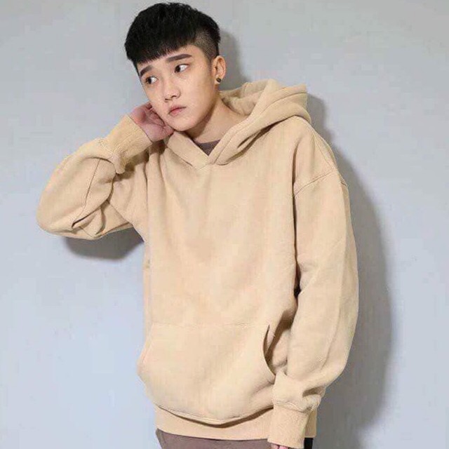 Áo hoodie trơn màu be nón 2 lớp vải nỉ bông mềm mịn