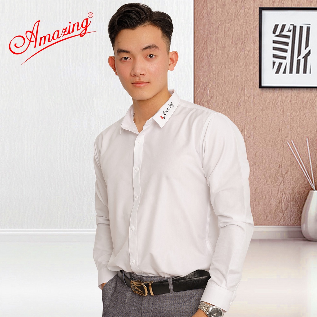 Áo sơ mi màu đen thêu logo Amazing cho nam, vải sợi tre, mềm mịn, thoáng mát, form ôm body nam tính