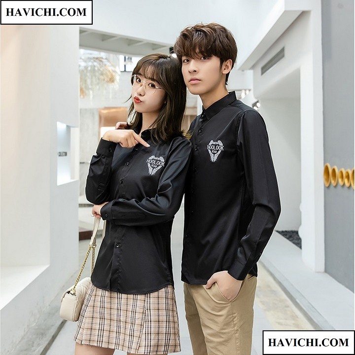Áo sơ mi nữ đen 𝗙𝗥𝗘𝗘𝗦𝗛𝗜𝗣 - Sơ mi nữ đen thêu HOOLOOK công sở, thiếu nữ, bánh bèo không nhăn, thoáng mát, dễ ủi.