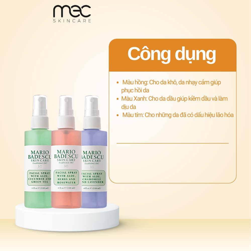 Toner thảo mộc làm sạch da Mario Badescu Aloe, Cucumber và Green Tea Giảm Mụn, Mờ Thâm  - Mecskincare