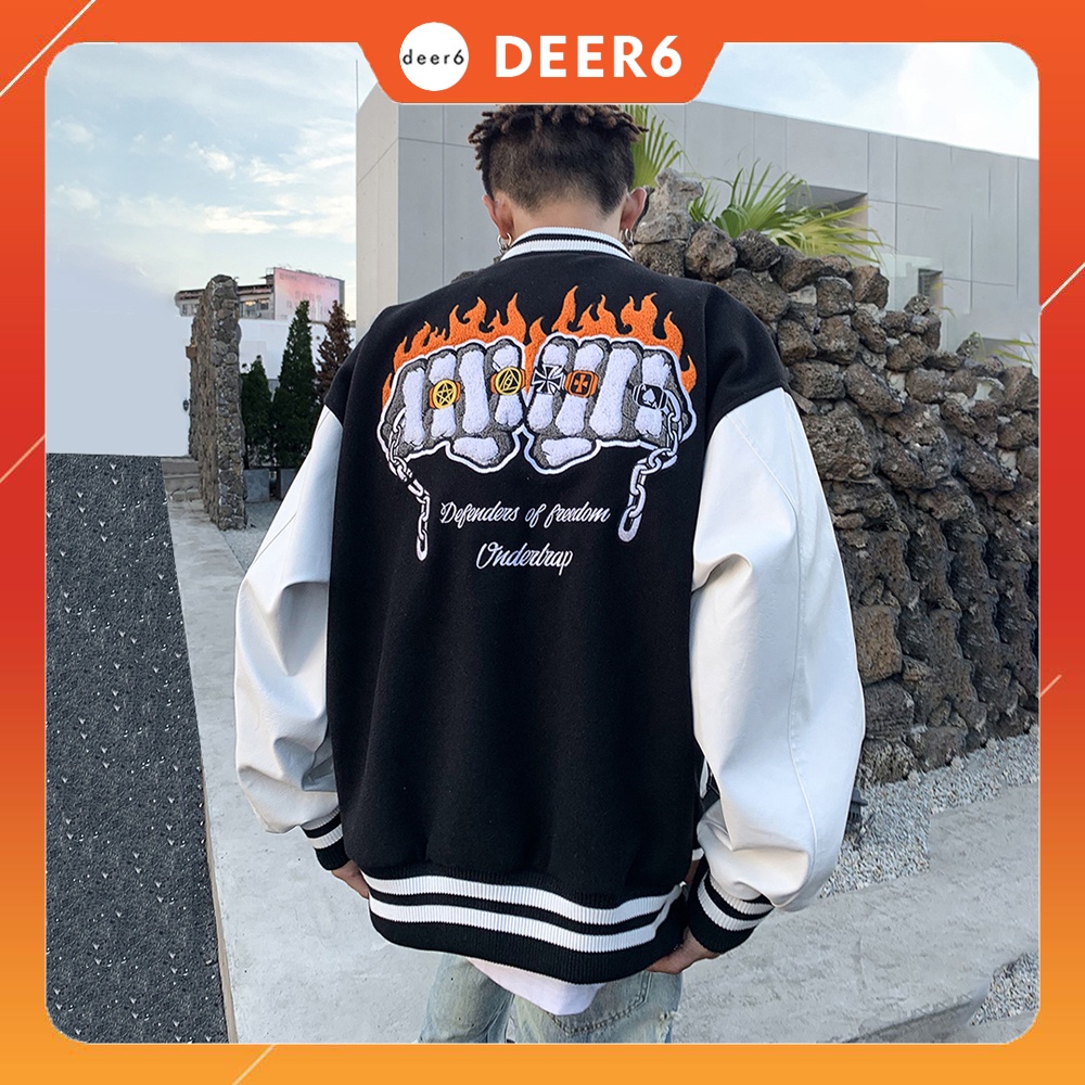Áo khoác bomber, Varsity jacket Defenders of Freedom Undertrap nam nữ thân dạ tay da màu Đen