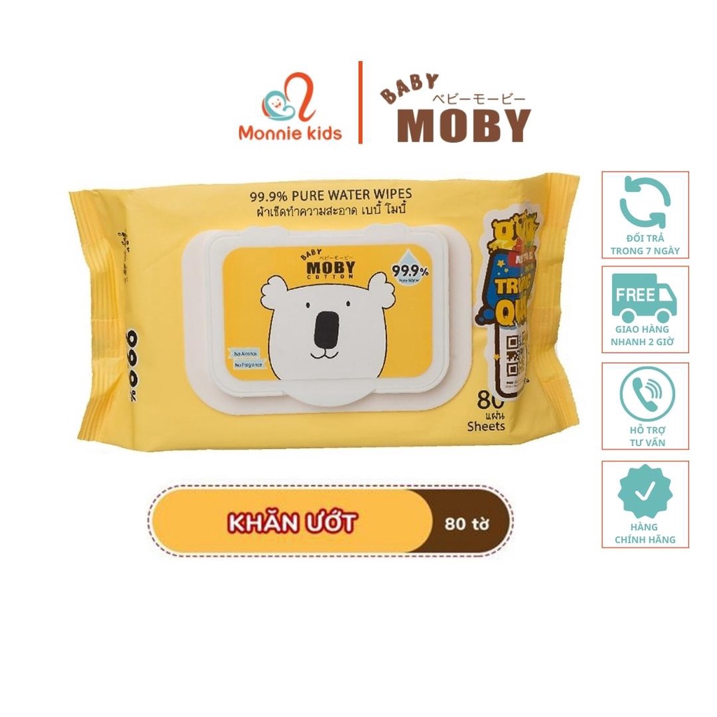 Khăn ướt cho bé MOBY BABY 80c với 99% nước tinh khiết dưỡng ẩm cho da - Monnie Kids