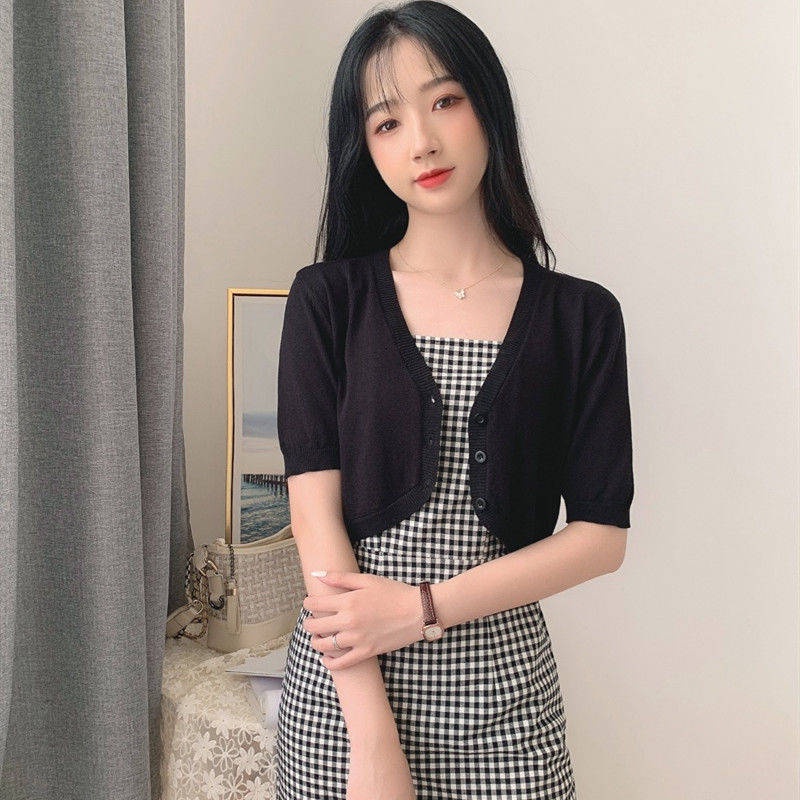 Áo Khoác cardigan Dệt Kim Mỏng Tay Ngắn Lưng Cao Thời Trang Mùa Hè 2021 Phong Cách Hàn Quốc Cho Nữ