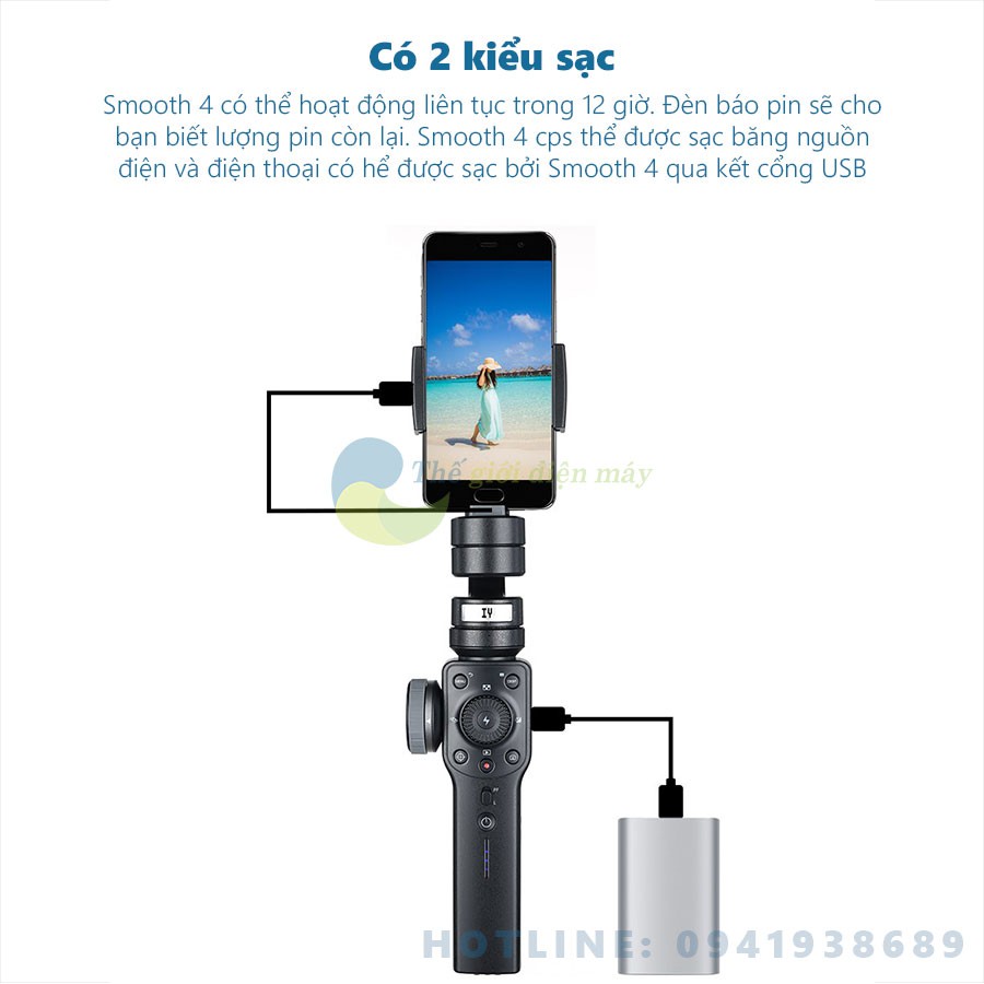 Tay cầm chống rung Gimbal Zhiyun Smooth 4 chống rung điện thoại, camera hành trình full phụ kiện - Bảo hành 12 tháng