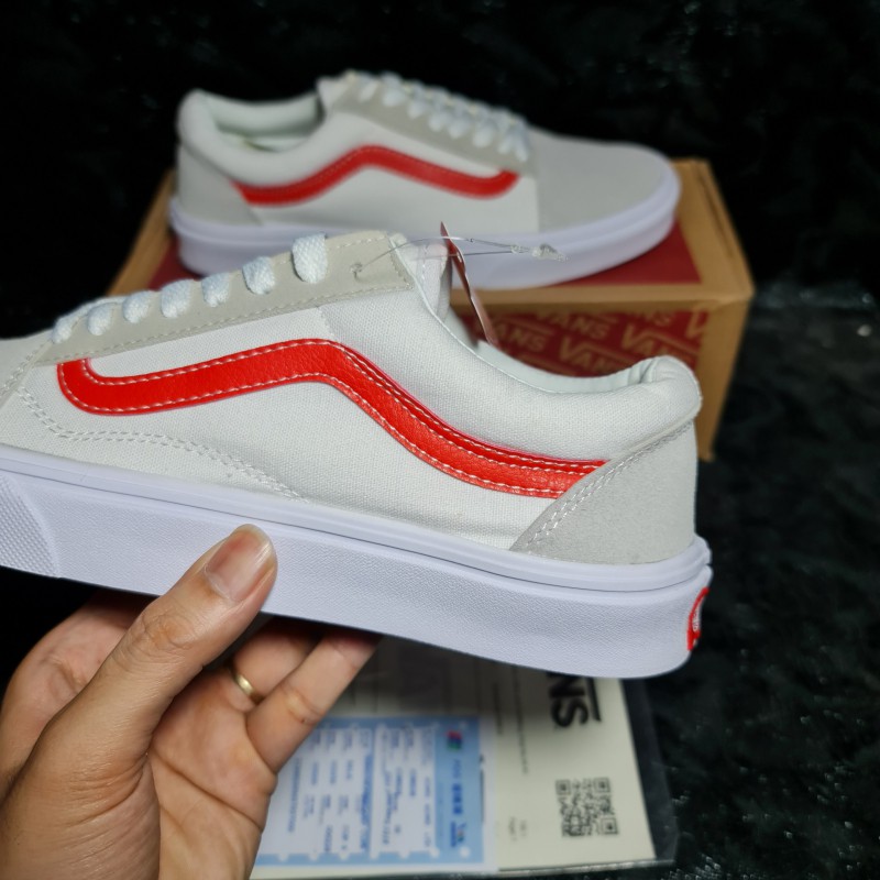 [Ảnh Thật + Video] Giày Thể Thao Vans Old Skool Trắng Sọc Đỏ || Vans Old Skool White Red