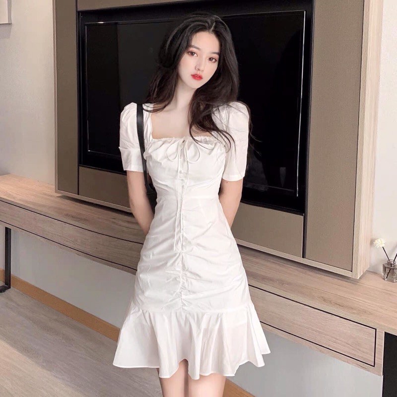 Đầm nữ dự tiệc màu trắng 2 lớp vải dáng đuôi cá tay phồng cổ vuông 5 nút vải bọc trẻ trung sang trọng | BigBuy360 - bigbuy360.vn