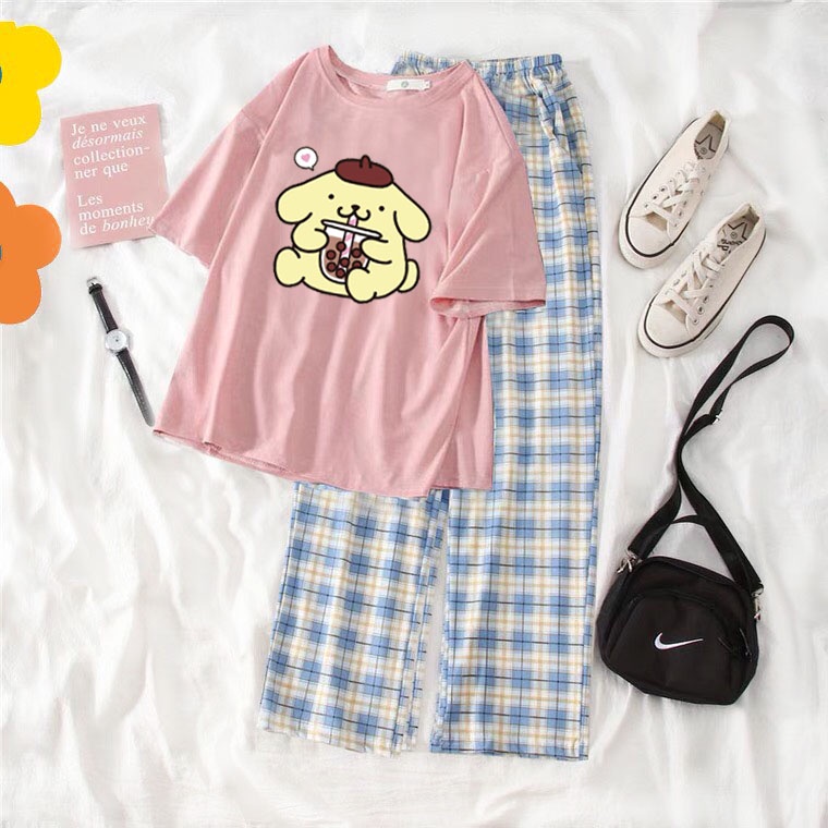 Sét Áo Gấu uống trà + quần kẻ karo, Áo thun from rộng, Chất đẹp không xù, mặc mát - MODY