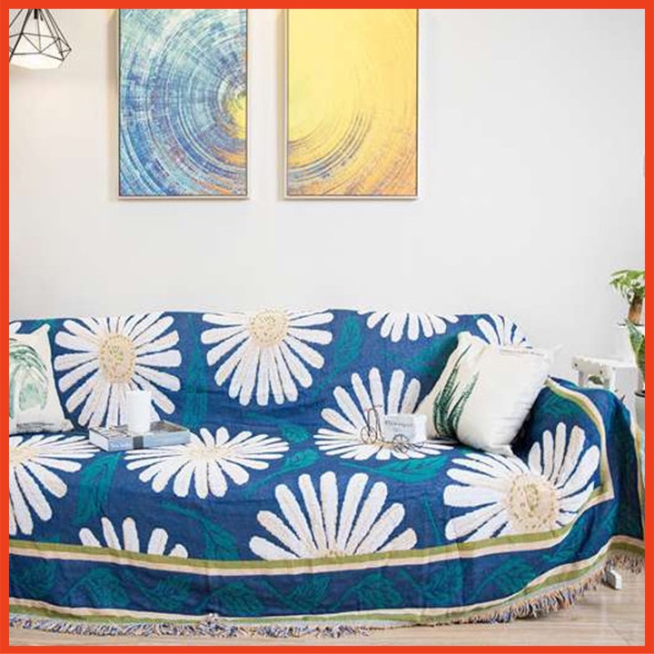 Thảm Vintage, Thảm Sofa, Thảm Trải Sàn Trang Trí, Khăn Phủ Sofa màu xanh hoa cúc (130x180)