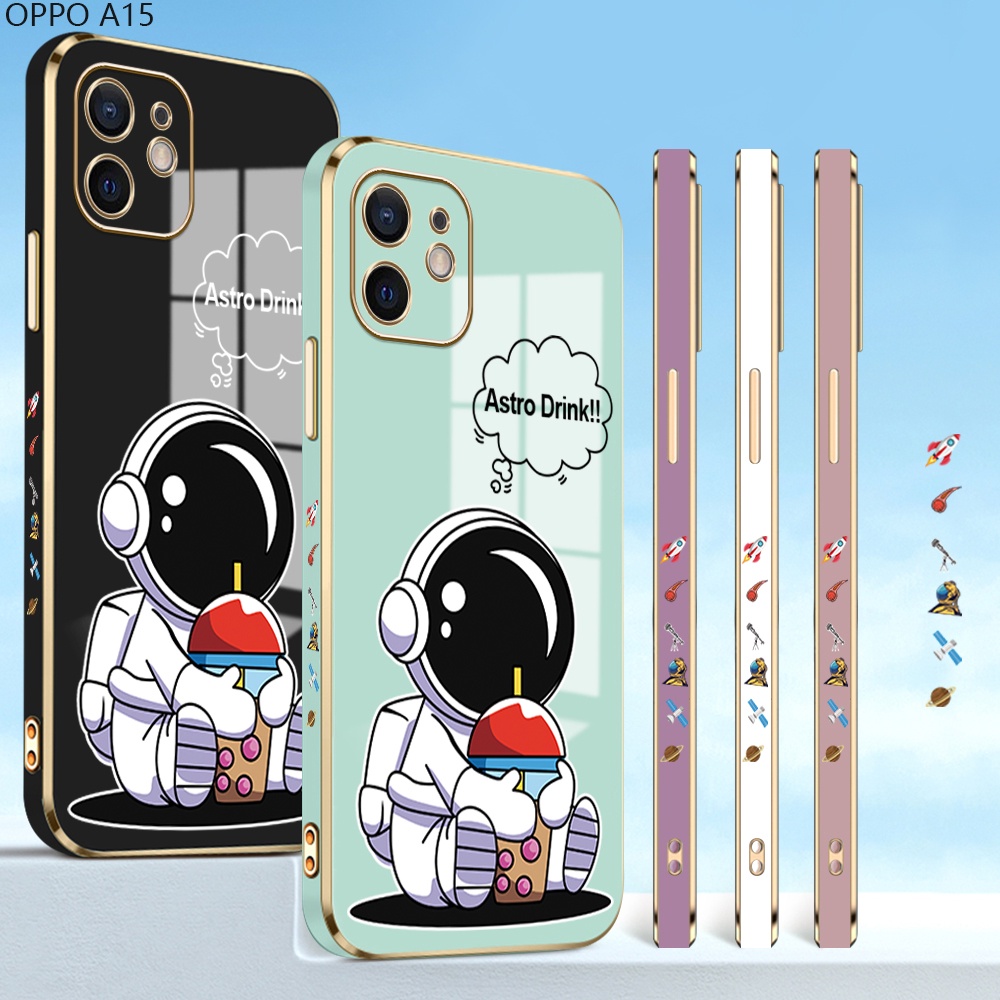 OPPO A15 A15S A7 A5S A12 A12S A9 A5 A31 A12E A53 A33 A74 A92 A52 2020 4G 5G For Phone Case Soft Casing Silicone Cartoon Cute Astronaut Electroplating Full Cover Shockproof TPU Cases