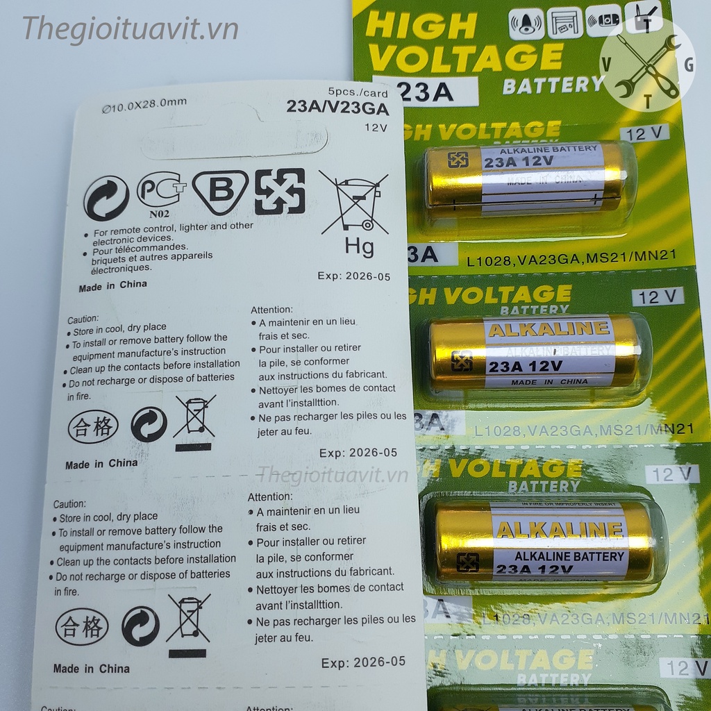 Vỉ 5 viên Pin A23 A27 Alkaline High Voltage 12V pin điều khiển cửa cuốn