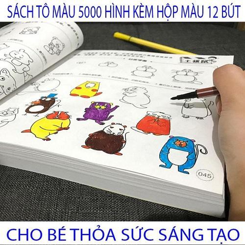 Vở tập tô màu 5000 hình cho bé tặng hộp 12 chì màu