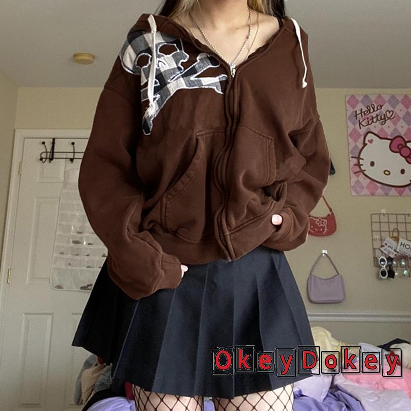 Áo Khoác Hoodie Có Khóa Kéo Họa Tiết Đầu Lâu Sọc Caro Phong Cách Gothic Cổ Điển OKDK-Y2K