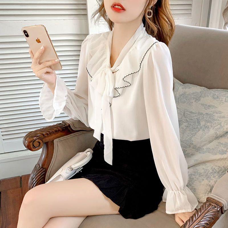 Áo Sơ Mi Chiffon Tay Dài Ống Loe Cổ Chữ V Thời Trang Mùa Thu Kiểu Mới Dành Cho Bạn Nữ