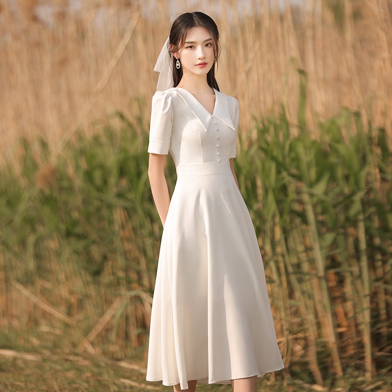 Đầm Váy Thiết Kế Đi Tiệc MAIHOUSE Nút Bọc Cổ Chữ V Chất Cotton Có Khoá Kéo Màu Đen, Trắng, Đỏ - D236