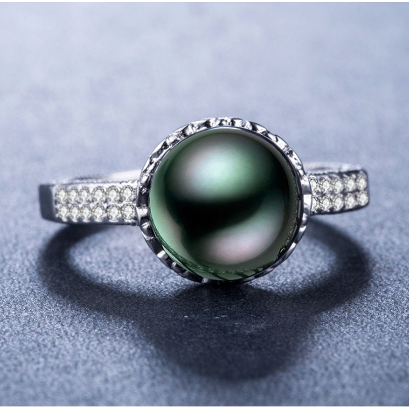 Nhẫn đính hôn bằng mạ bạc đính hạt ngọc trai đen và đá topaz trắng