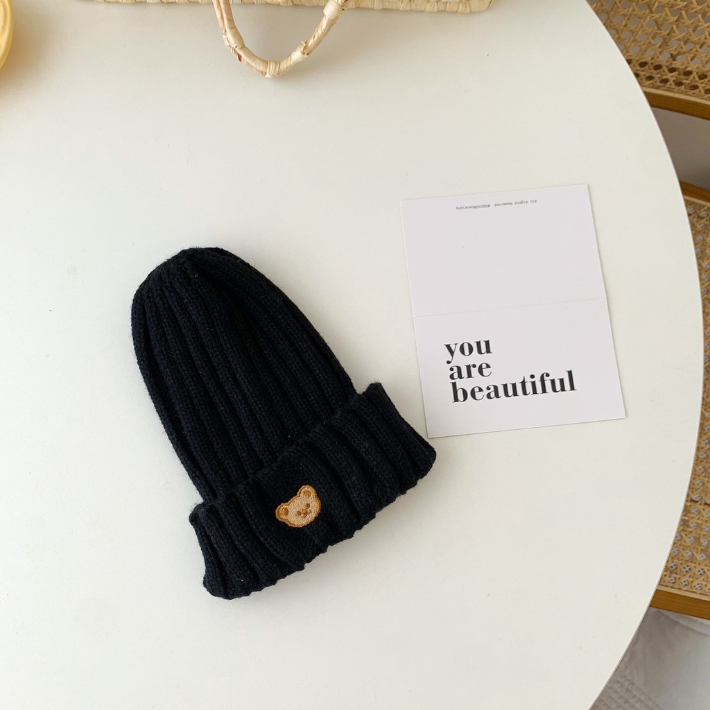 Mũ len giữ ấm thêu hình gấu màu kẹo cho bé 1-5 tuổi