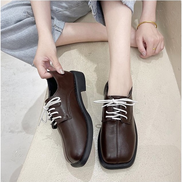 Giày Nữ Ulzzang Vintage, Giày Oxford Doctor Mũi Vuông Da Mềm Thắt Dây Trắng Đế Độn 3cm, Hàn Quốc - Iclassy_shoes