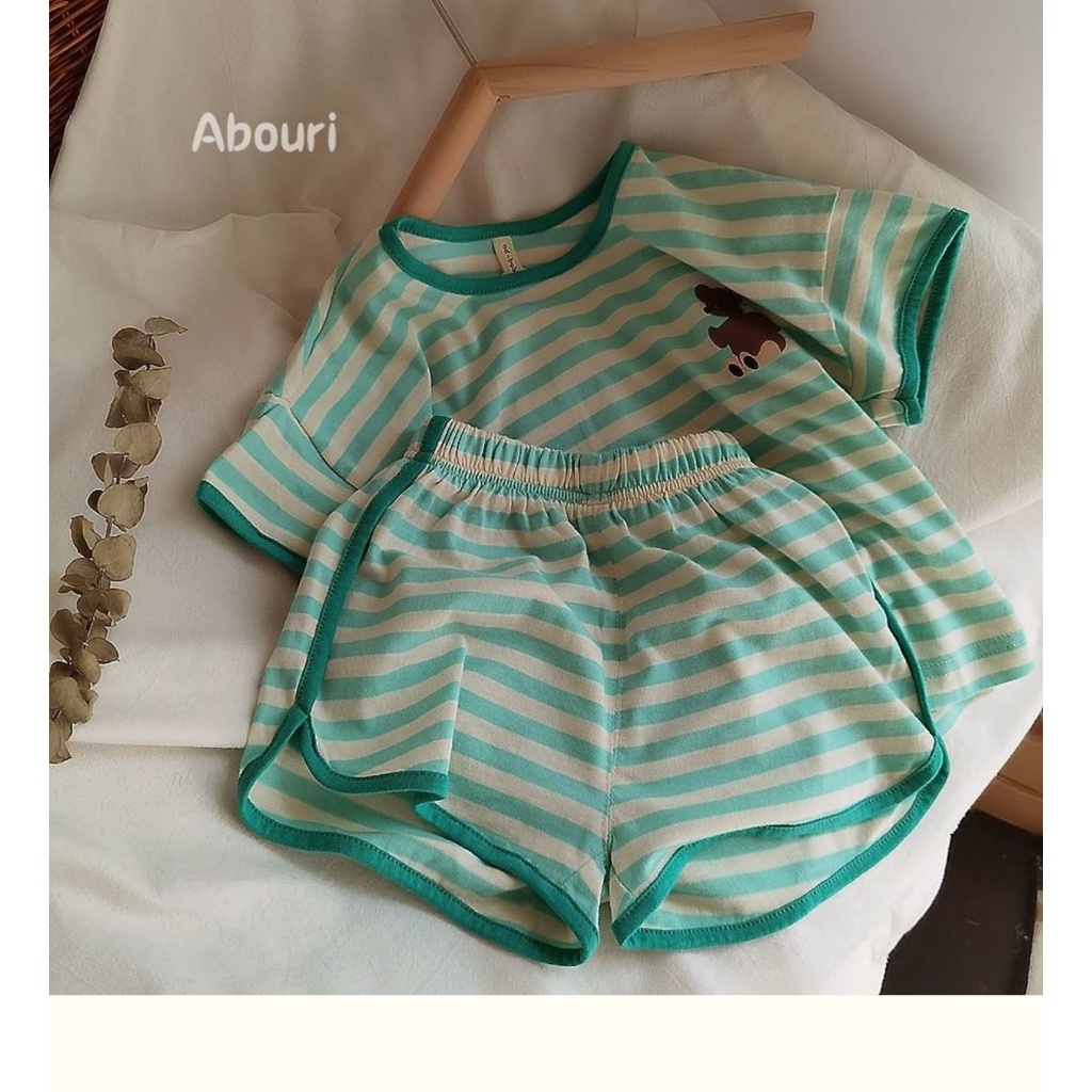 Set Áo Thun Ngắn Tay Kẻ Sọc + Quần Short Thời Trang Mùa Hè Phong Cách Hàn Quốc Cho Bé