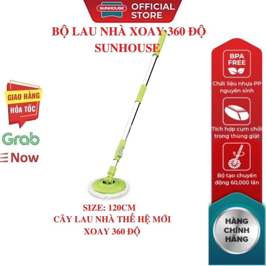 Bộ lau nhà thế hệ mới xoay 360 độ SUNHOUSE KS-CL260PO lồng vắt bằng inox không rỉ thấm hút tốt,vắt khô nhanh