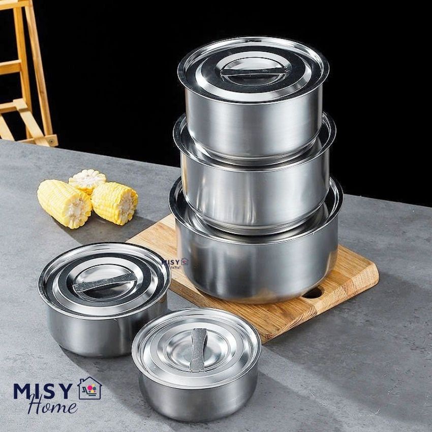 Bộ 5 nồi thố bát inox không quai có nắp bảo quản thực phẩm nấu bếp từ bếp ga hồng ngoại Misy Home