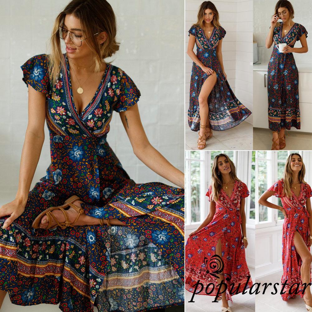 FREESHIP ĐƠN 50K_ ♪TY★Đầm maxi hoa tay ngắn cổ chữ V xẻ tà thời trang cho nữ