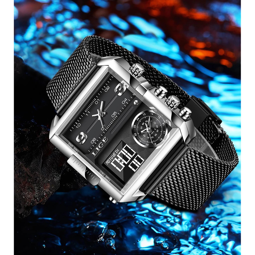 Đồng Hồ Điện Tử Lige Mặt Vuông Bằng Thép Không Gỉ Chống Thấm Nước Thời Trang Cho Nam