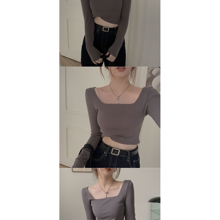 Áothun lửng tay dài cổ vuông eo cao sành điệu cho nữ