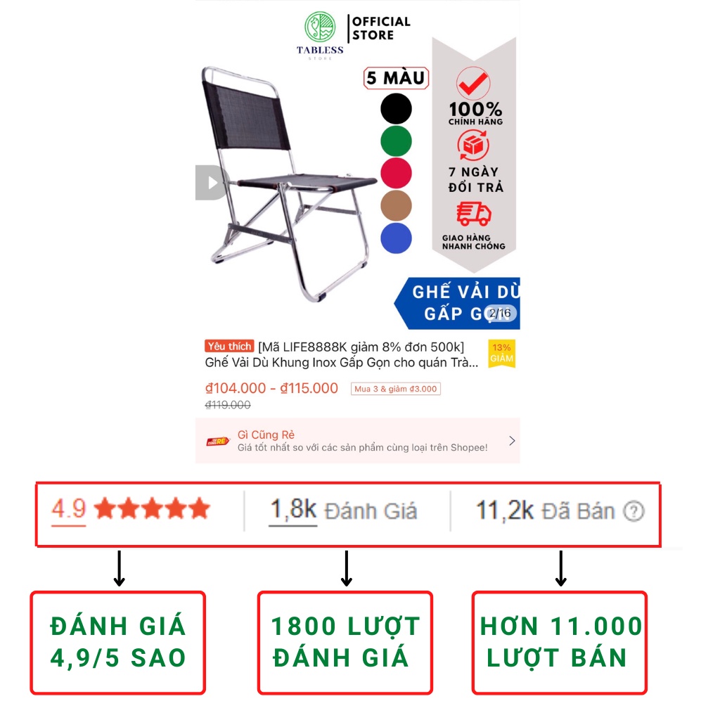 Ghế Vải Dù Khung Inox Gấp Gọn cho quán Trà Chanh , Cafe , Câu Cá- TABLESS STORE