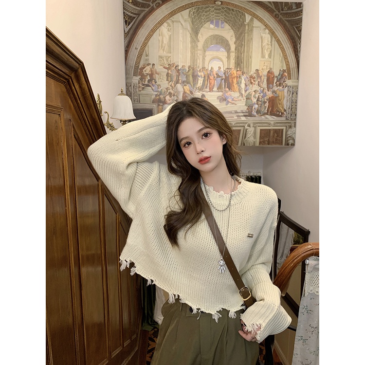 Áo Dệt Kim Tay Dài Dáng Ôm Rách Cá Tính Thời Trang Phong Cách Hàn Quốc Cho Nữ