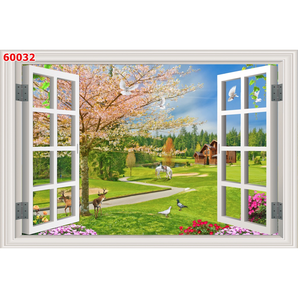 Tranh dán tường 3D khung cửa sổ thiên nhiên trong lành