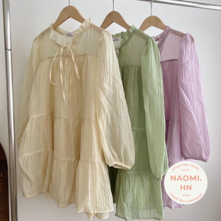 Váy babydoll dài tay chất tơ 2 lớp phối dây đai thắt eo phong cách tiểu thư. Váy cổ V dài tay phối nơ sang chảnh