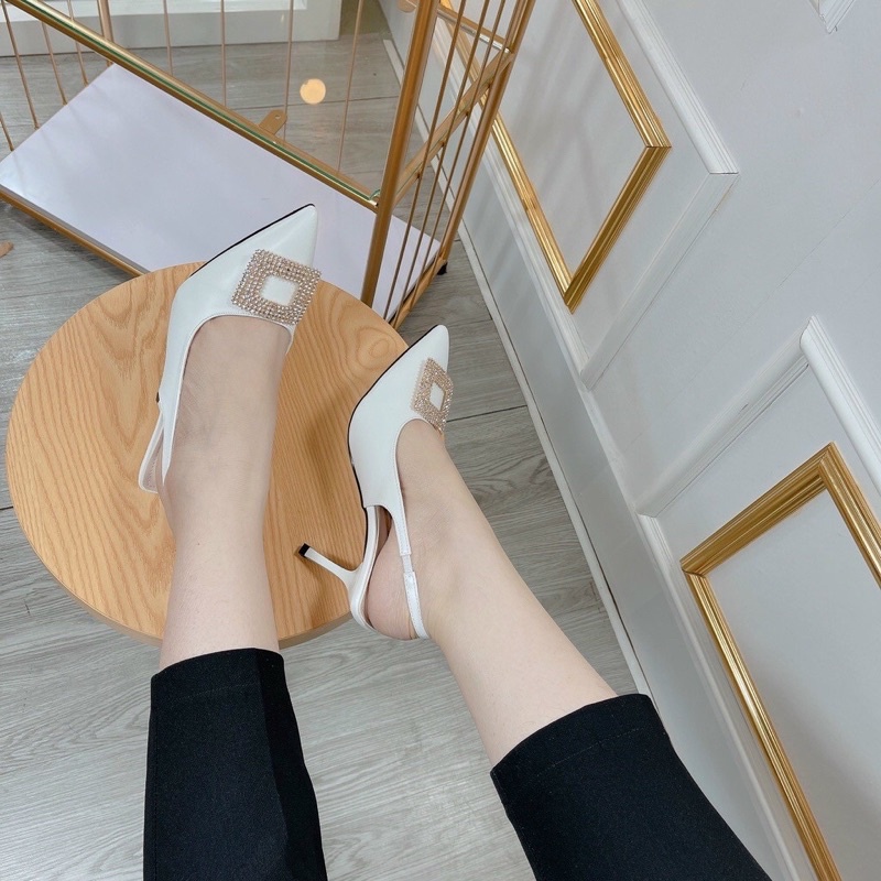 Giày cao gót mũi nhọn gắn đá, giày gót nhọn hở gót 8p