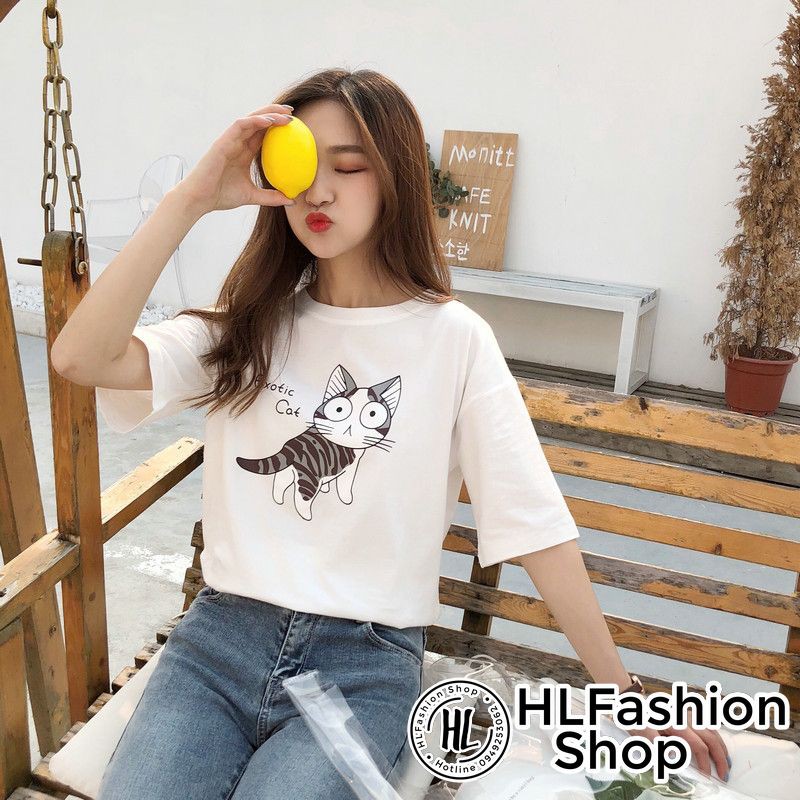 Áo thun tay lỡ form rộng Exotic Cat mèo ngây thơ, áo phông form rộng size HLFashion