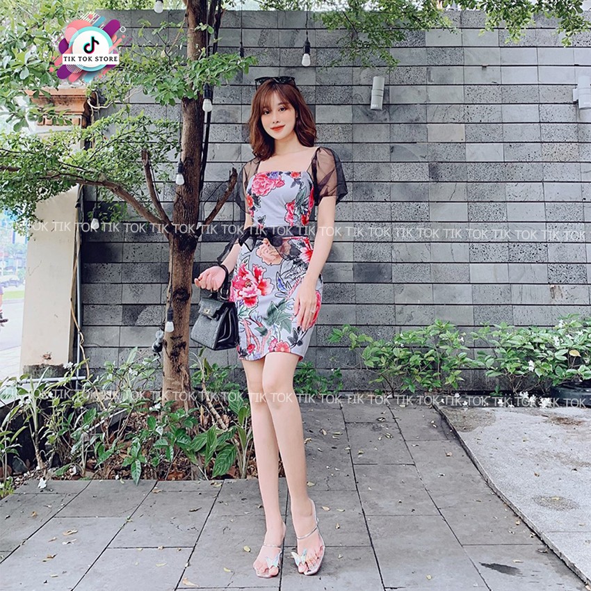 Váy ôm body, đầm body kiểu hoa hồng phối nơ TIK TOK STORE | BigBuy360 - bigbuy360.vn
