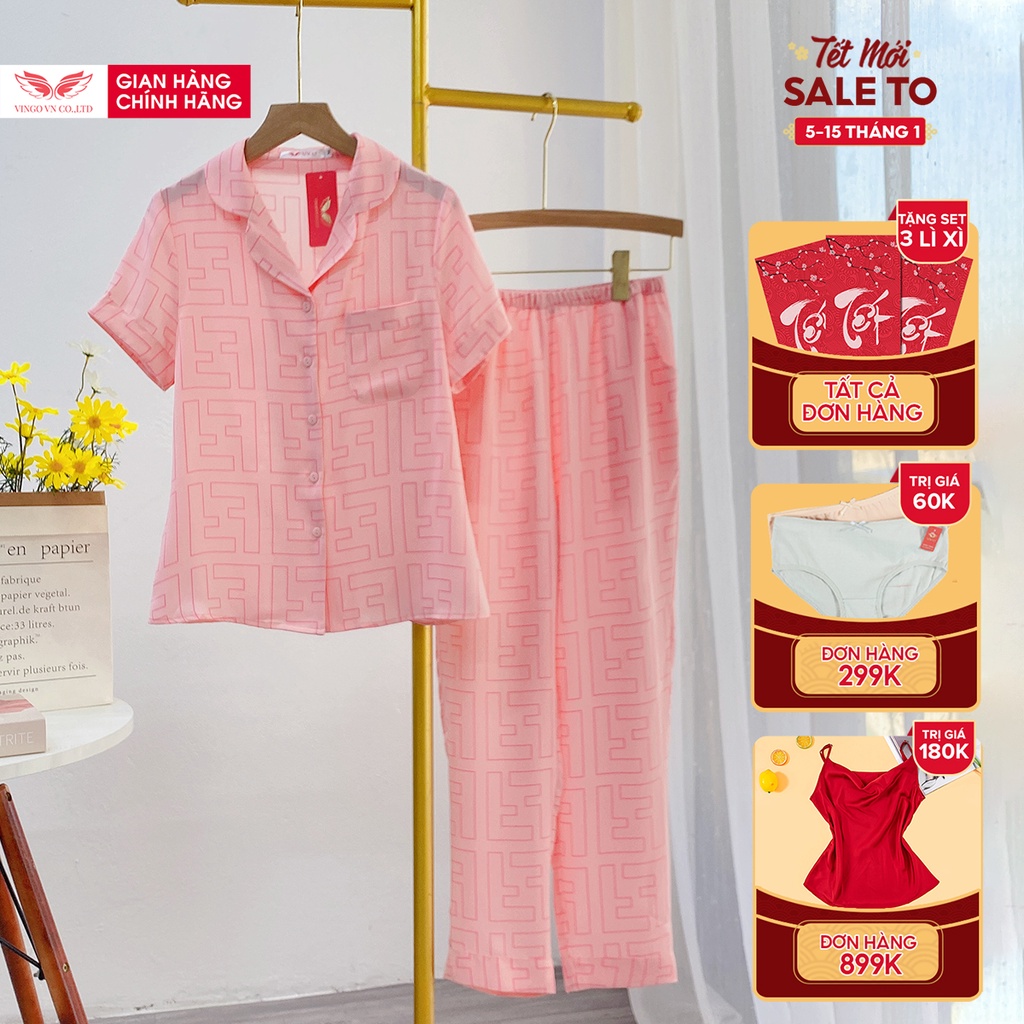 Bộ đồ mặc nhà pyjama nữ VINGO tay cộc quần dài mùaThu Đông cát Hàn cao cấp không nhăn họa tiết viền kẻ H617 - TCQD