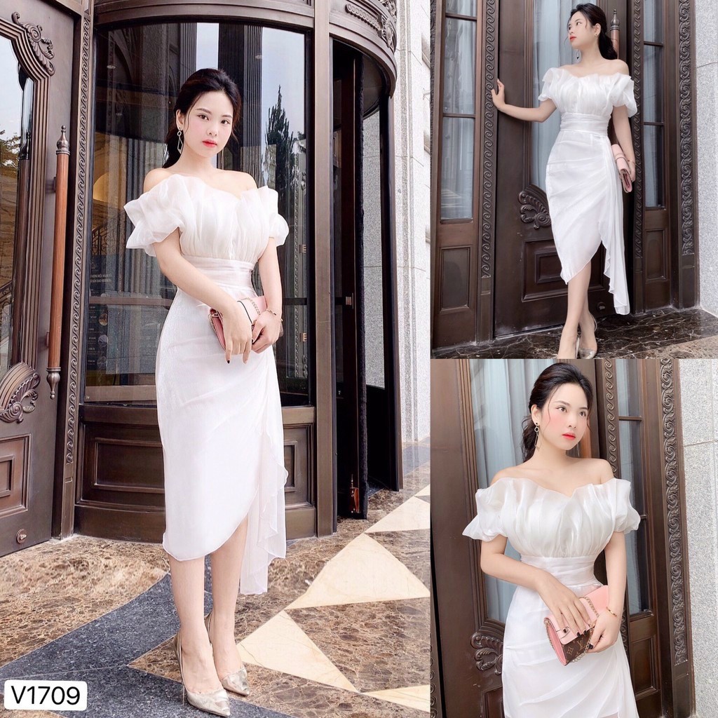 [video thật] Đầm trắng đi tiệc chất voan cao cấp dáng ôm bẹt vai tạo điểm nhấn freesize kimhoa77