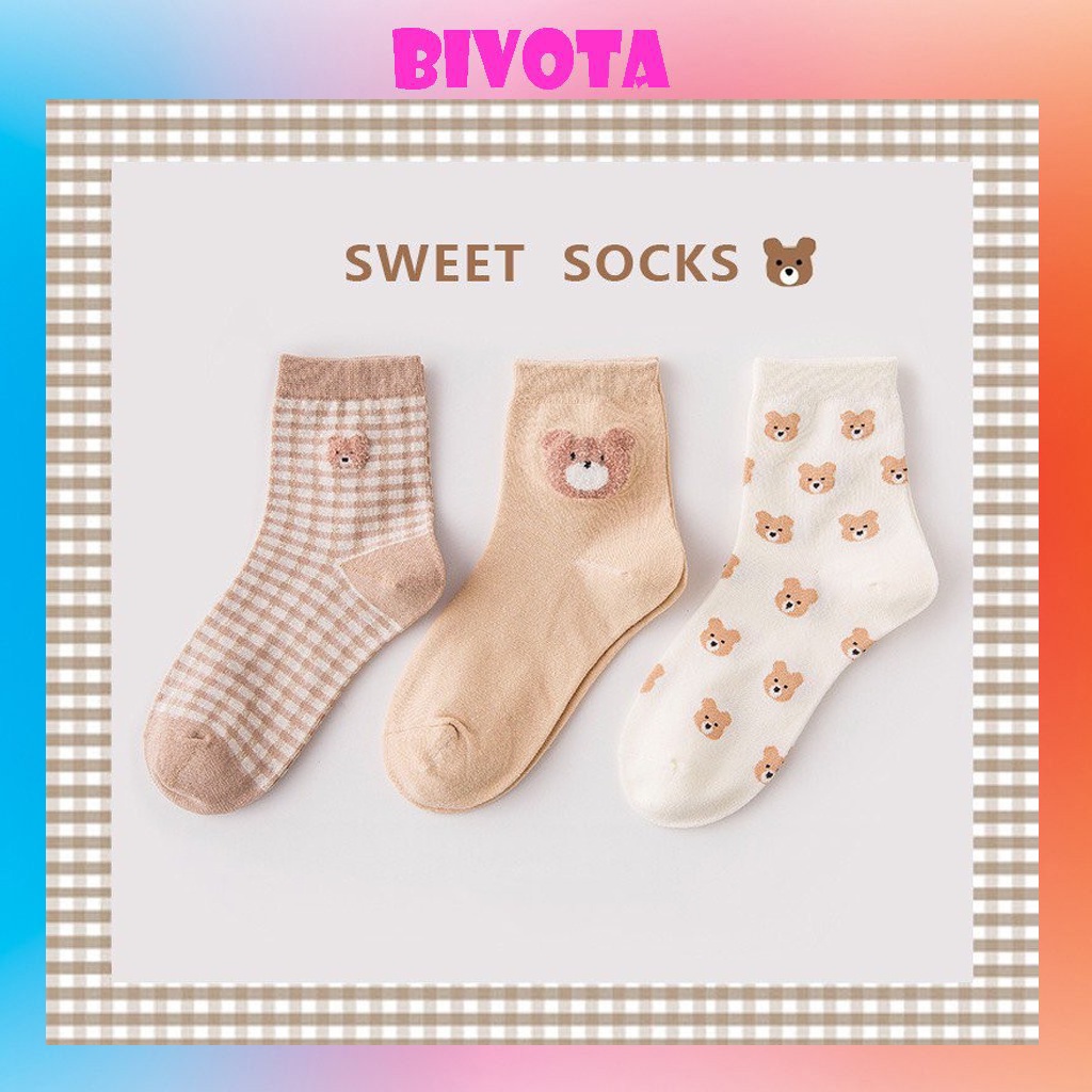 Set 3 đôi tất cổ cao Bivota vớ nữ gấu sắc nâu nhẹ nhàng thanh lịch T89