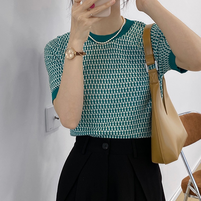 Xiaozhainv Áo thun nữ dệt kim tay ngắn cổ tròn nhiều màu tùy chọn đơn giản thời trang