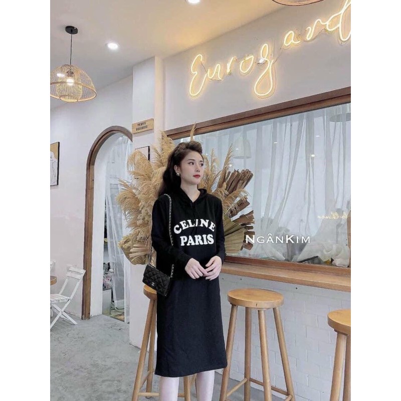 Váy hoodie dáng xuông tay dài in chữ "PARIS"
