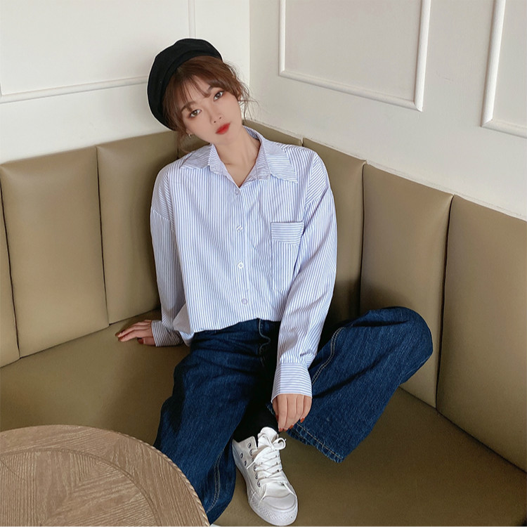 Áo sơ mi SUXI tay dài dáng rộng họa tiết kẻ sọc phối túi phong cách đơn giản thời trang dành cho nữ