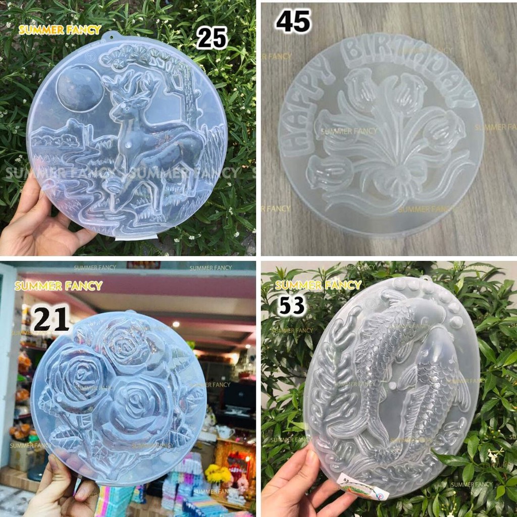 (60 mẫu) Khuôn rau câu 20cm , thạch nhiều mẫu  trung thu nhựa Happy cá chép hòa hồng - plastic round heart cake mold