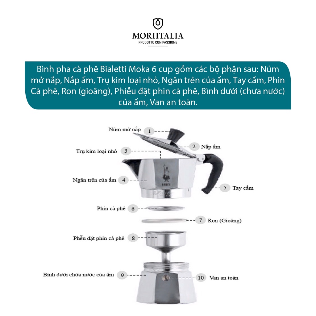 [Mã BMBAU300 giảm 7% đơn 499K] Bình pha cà phê Bialetti Moka 6 cup sang trọng tiện lợi Moriitalia 990001163/AP