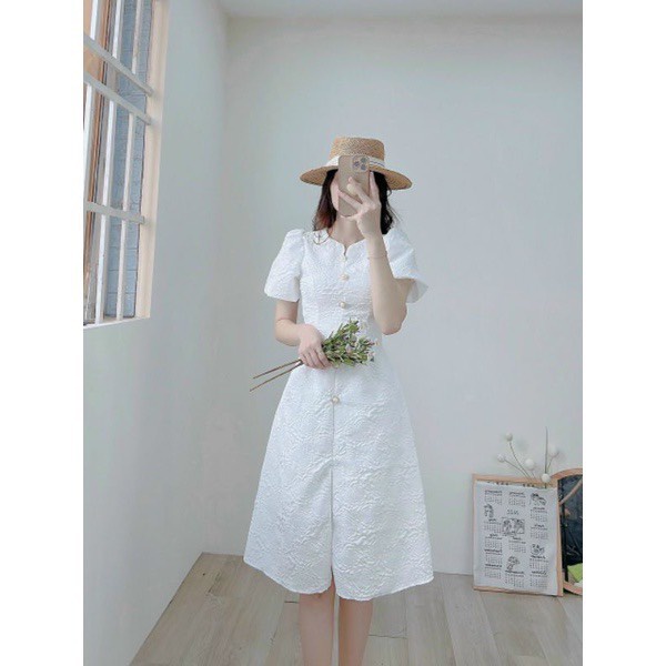 Đầm Dự Tiệc - Váy gấm tay bồng, Có khóa lưng, Đính cúc ngọc tinh tế dành cho các nàng đi dự tiệc Hk shop9720