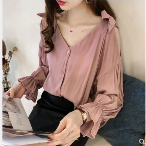 Áo sơ mi ulzzang lệch vai cổ tim full size