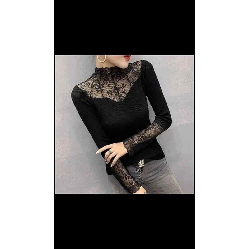 ÁO GIỮ NHIỆT LÓT LÔNG CỔ VÀ TAY REN MÀU ĐEN